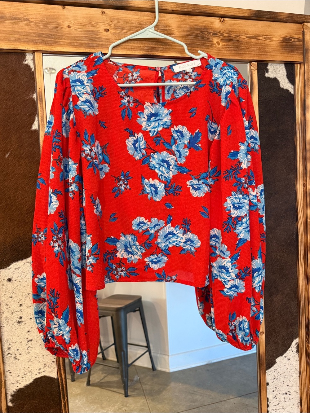 Red Floral Long-Sleeve Blouse with Blue Accents